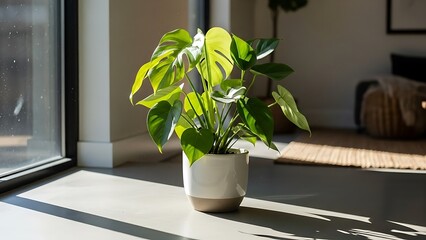 A potted monstera deliciosa plant sits on a windowsill in a bright and airy room