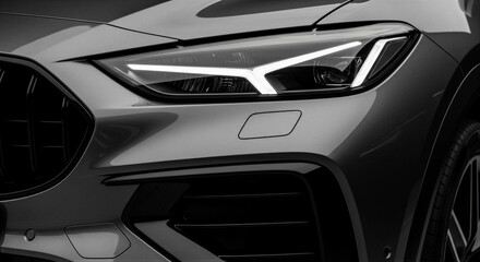 Fototapeta premium Sleek modern car headlight close-up with dynamic led design