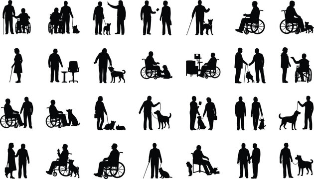 Set of disabled people silhouettes with wheelchairs and service dogs, elderly characters with walking canes, accessibility icons, CAD drawing flat vector illustration