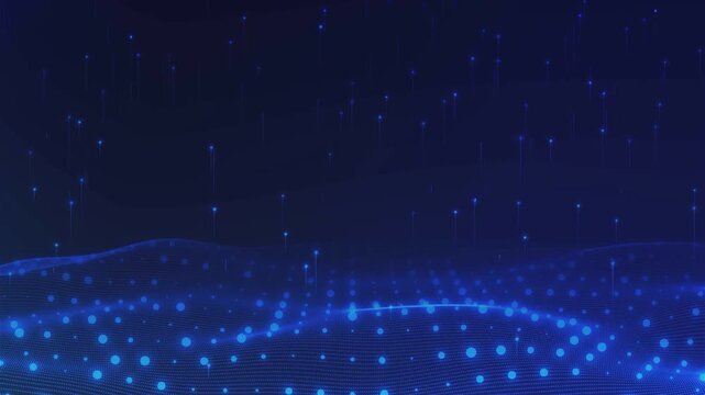 Abstract blue digital data flow with waving particle grid and cyber streaks. Abstract blue digital data wave background with glowing particles, digital data flow, data wave, technology background.