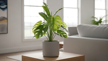 A serene living room interior with a potted monstera deliciosa plant on a wooden