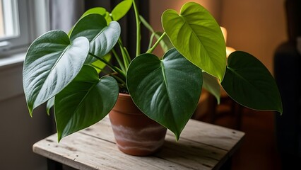 Heartleaf philodendron plant with large green leaves in terracotta pot on rustic