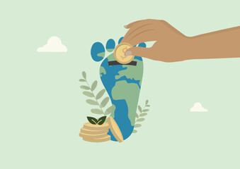 Hand Investing Coin in Green Earth Footprint. promoting sustainable investment on mint background. Carbon footprint and credit carbon concept. Flat style. Vector illustration