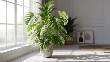 Large green potted monstera plant on windowsill with natural light and white interior