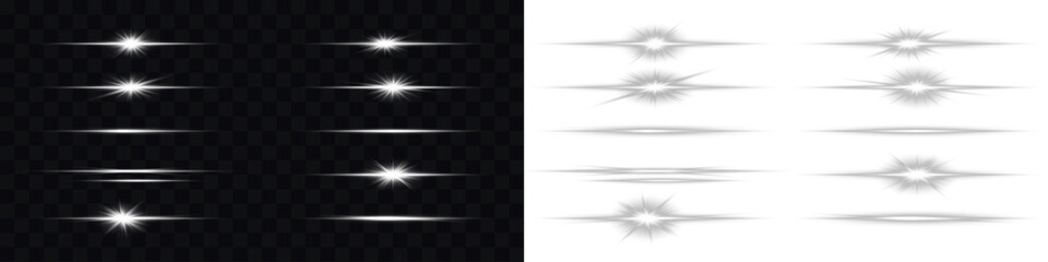 Line, effect, flash, shine, light shiny white PNG flare with horizontal streaks and transparent Overlay. White light beam. Sparkling linear effects for modern designs. On a transparent background. © Slava