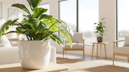A serene indoor setting with a potted plant on a wooden table in a bright room