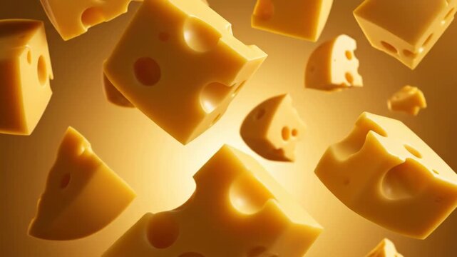 Flying chunks of cheese in the air with holes in them on yellow background 4k video