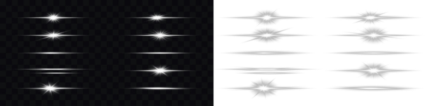 Line, effect, flash, shine, light shiny white PNG flare with horizontal streaks and transparent Overlay. White light beam. Sparkling linear effects for modern designs. On a transparent background.