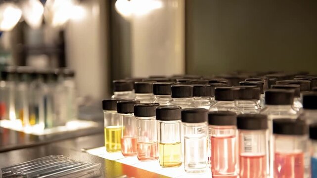 Medium shot of a countertop illuminated by undercabinet lighting highlighting a centrifuge and neatly arranged test strips with reagent vials background softly fading