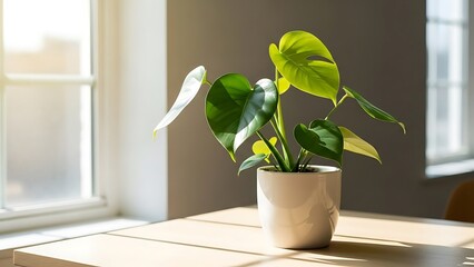 Potted monstera deliciosa plant on wooden table by window with natural light