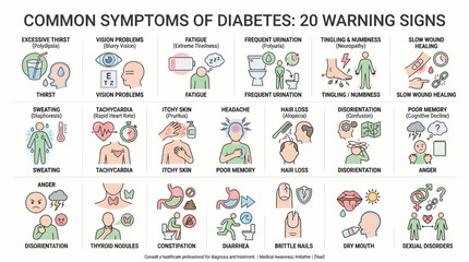Obraz premium Diabetes Symptoms Vector Infographic – 20 Key Warning Signs for Health Awareness, Early Detection, and Medical Education Design Use