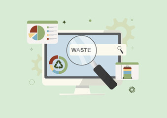 Waste Search Analytics Dashboard. Data analysis and sustainability concepts. Waste management concept. Waste indicators for business and marketing. Analyze waste. Flat design. Vector illustration