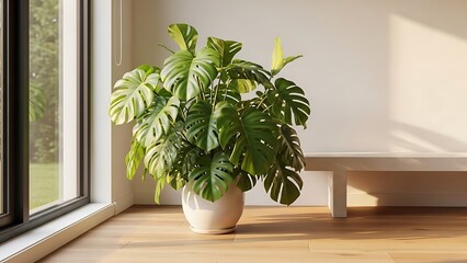 Large green monstera deliciosa plant in white pot on wooden floor by window