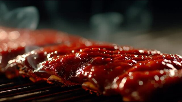 BBQ ribs being brushed with sauce.