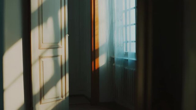 Sunlight streams into a quiet room through a window, creating warm dramatic light patterns and long shadows across an old white ornate door and a wooden parquet floor