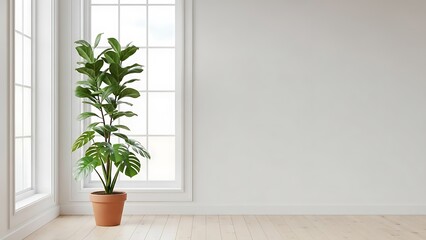 A potted monstera deliciosa plant sits on light wood flooring in front of a bright