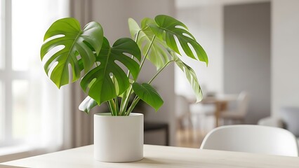 A serene indoor scene featuring a potted monstera deliciosa plant on a table