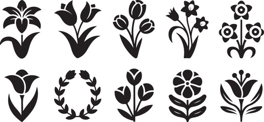 Set of black silhouette floral and botanical icons on a white background flower © Sabbir Art Express
