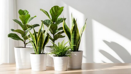Four green houseplants in white pots on a wooden table indoors with natural light