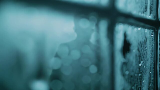 Glass blocks covered with water drops and condensation, creating a textured surface and unique visual pattern, evoking concepts of moisture, humidity, and atmospheric conditions