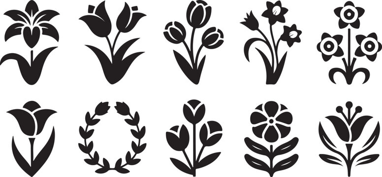 Set of black silhouette floral and botanical icons on a white background flower