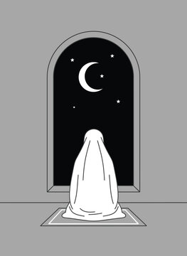 vector illustration of a woman praying att night, facing an arched window with a crescent moon and stars.