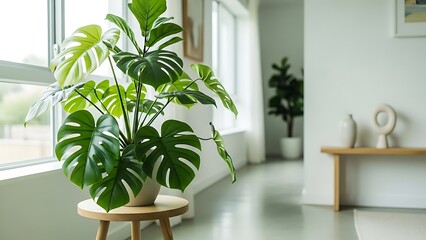 Large monstera deliciosa plant on a small wooden table by a sunny window indoors