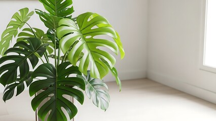 Large green monstera deliciosa plant with big leaves in a white room near window