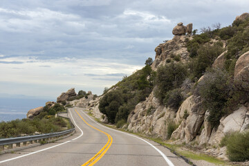 Mount Lemmon scenic road with yellow lines curving