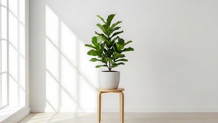 A small potted plant with green leaves sits on a wooden stool beside a sunny window