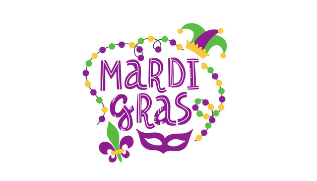 A colorful Mardi Gras logo with purple, green, and gold decorations
