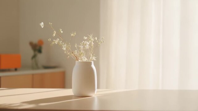 Minimalist home interior featuring a white ceramic vase holding delicate dried flowers, receiving soft, warm natural sunlight and casting gentle shadows on the light colored wooden table