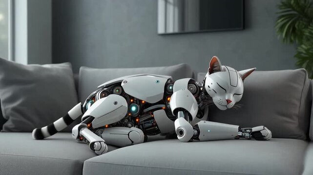 A sleek robotic cat rests peacefully on a modern gray sofa. The futuristic feline is a stunning blend of technology and artistry