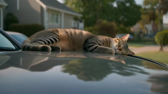 A relaxed tabby cat enjoying the sun on a car hood, displaying the epitome of feline serenity