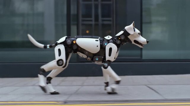 A futuristic robotic dog walking along a modern street. This sleek and innovative machine combines the elements of technology and artificial intelligence