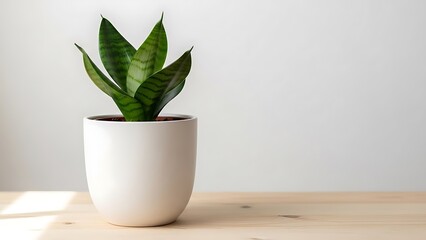 A green snake plant in a white ceramic pot on a wooden table indoors