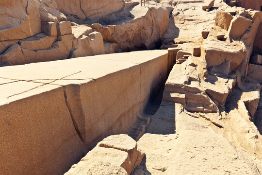 Colossal unfinished obelisk - the largest known ancient obelisk in the world. Aswan, Northern region of the stone quarries of ancient Egypt