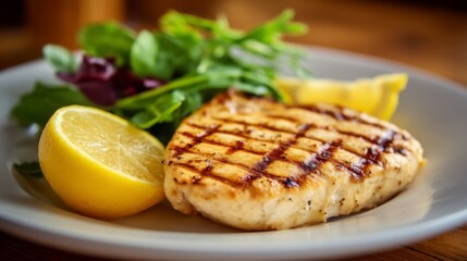 Grilled Chicken Breast Served with Fresh Greens and Lemon Wedges on a White Plate in a Rustic Wooden Setting