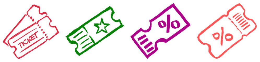 Ticket Symbols Crayon Chalk Drawing Doodle Vector Set © Grunge Designs