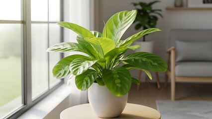 Peaceful home interior with lush green potted plant on wooden table by window
