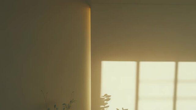 Warm sunlight illuminates a plant in a vase, casting its elegant shadows and window frame patterns onto a textured roller blind, creating a peaceful and minimalist interior scene