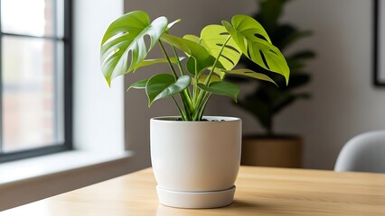 Monstera deliciosa plant in white ceramic pot on wooden table indoors with natural