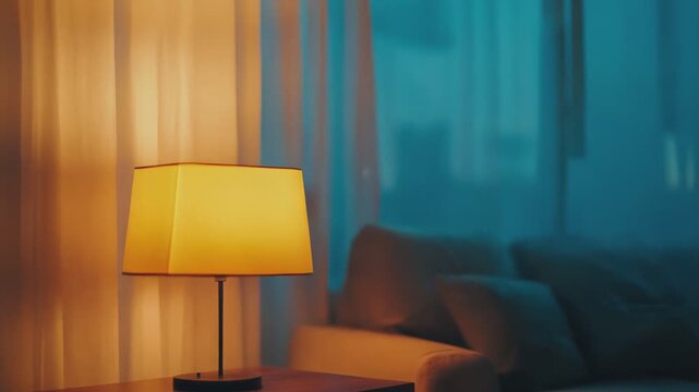Warm table lamp casts soft glow over living room at night, creating a cozy, tranquil atmosphere of home comfort and calm by sofa and side table under curtains