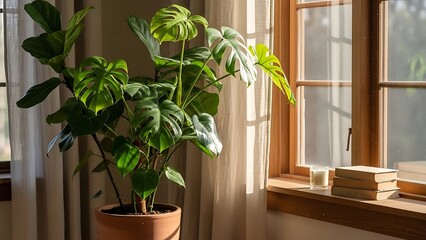 Large potted monstera deliciosa plant on windowsill with books and candle indoors