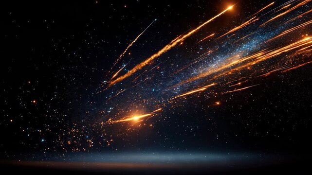 Meteor shower streaking across starry galaxy band with glowing fireballs and drifting sparks