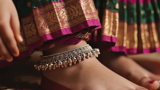 A young girl carefully ties a stunning anklet around her ankle, showcasing her excitement for a lively cultural gathering. The vibrant colors of her outfit enhance the festive atmosphere.