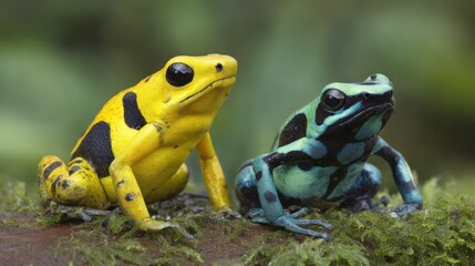 Naklejka premium Vibrant Yellow and Blue Poison Dart Frogs on Mossy Log in Natural Habitat of Tropical Rainforest Ecosystem