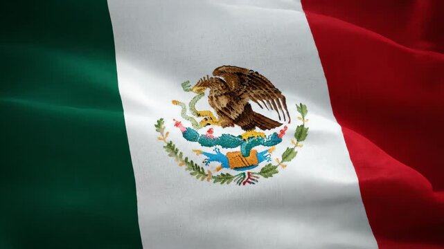 Waving National Flag of Mexico with Eagle and Snake Coat of Arms