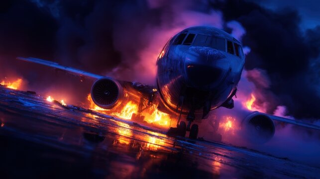 Dramatic Airplane Crash Scene with Fire and Smoke at Night, Evoking Tension and Urgency in an Emergency Situation
