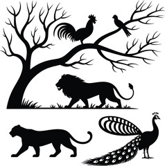 African wildlife silhouette scene with lion peacock and birds, black and white nature illustration, jungle animal vector artwork design collection